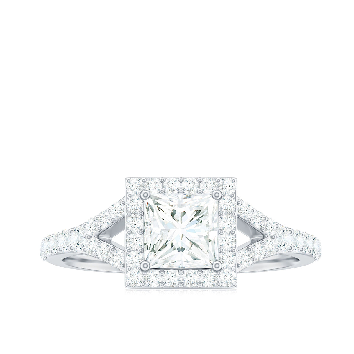 Princess cut moissanite halo engagement ring with split band from Rosec Jewels, showcasing sparkling center stone and elegant design.