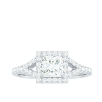 Princess cut moissanite halo engagement ring with split band from Rosec Jewels, showcasing sparkling center stone and elegant design.