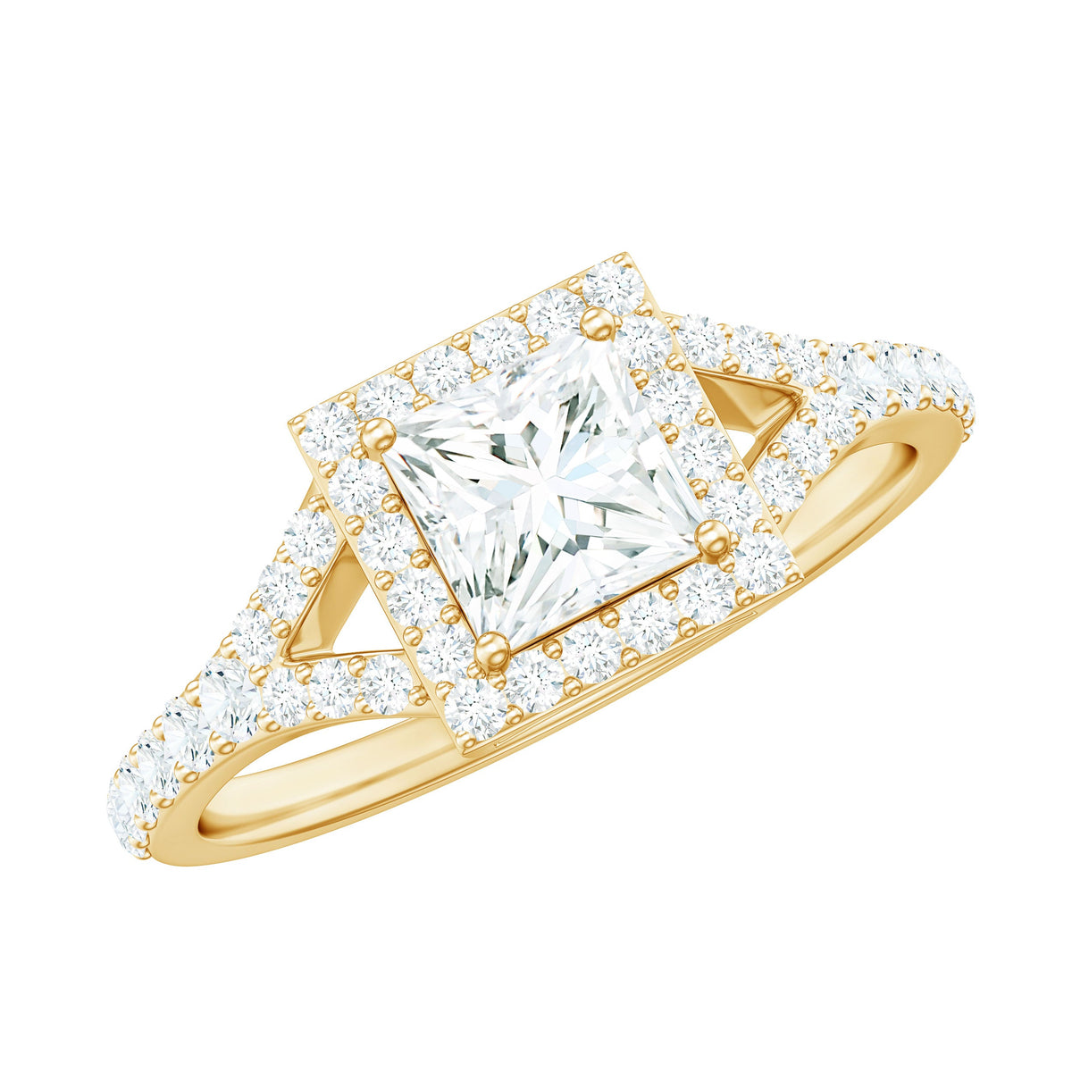 Princess cut moissanite halo engagement ring with split band from Rosec Jewels featuring sparkling center stone and intricate band design.