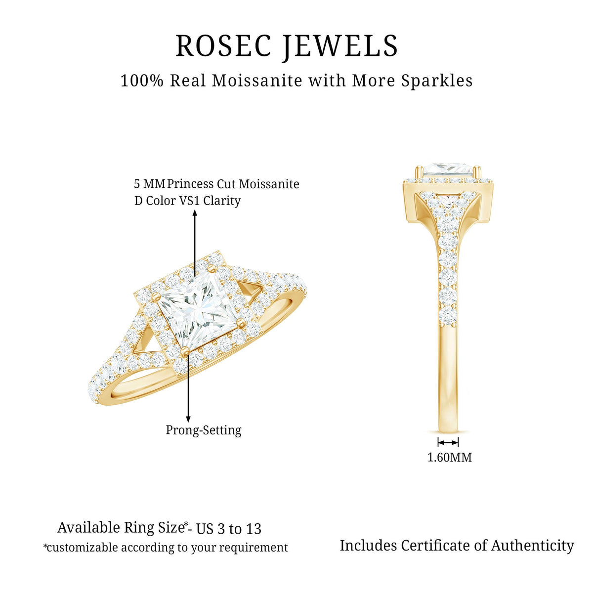 Princess cut moissanite halo engagement ring with split band from Rosec Jewels, featuring sparkling center stone and intricate band details.
