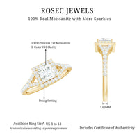 Princess cut moissanite halo engagement ring with split band from Rosec Jewels, featuring sparkling center stone and intricate band details.
