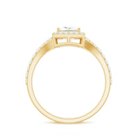 Princess cut moissanite halo engagement ring with a split band, featuring sparkling stones and intricate metalwork.