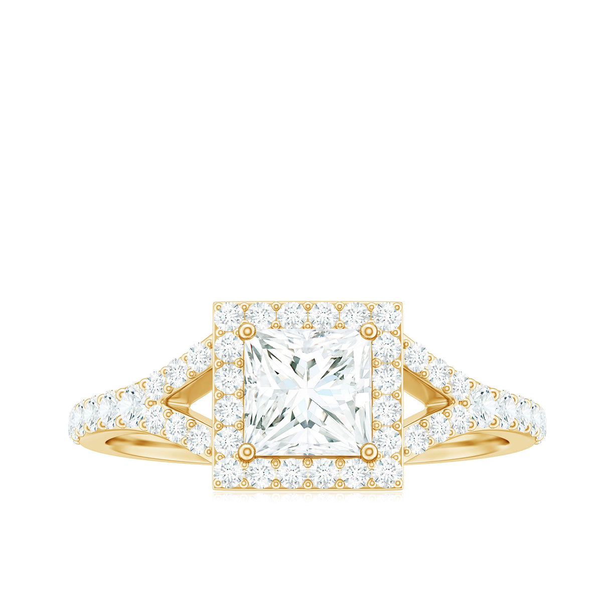 Princess cut moissanite halo engagement ring with split band from Rosec Jewels, featuring sparkling center stone and intricate design.