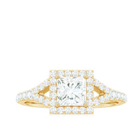 Princess cut moissanite halo engagement ring with split band from Rosec Jewels, featuring sparkling center stone and intricate design.