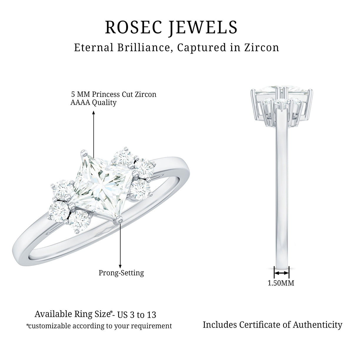 Rosec Jewels 1 CT princess cut cubic zirconia engagement ring with prong setting, showcasing a sparkling, elegant jewelry piece.