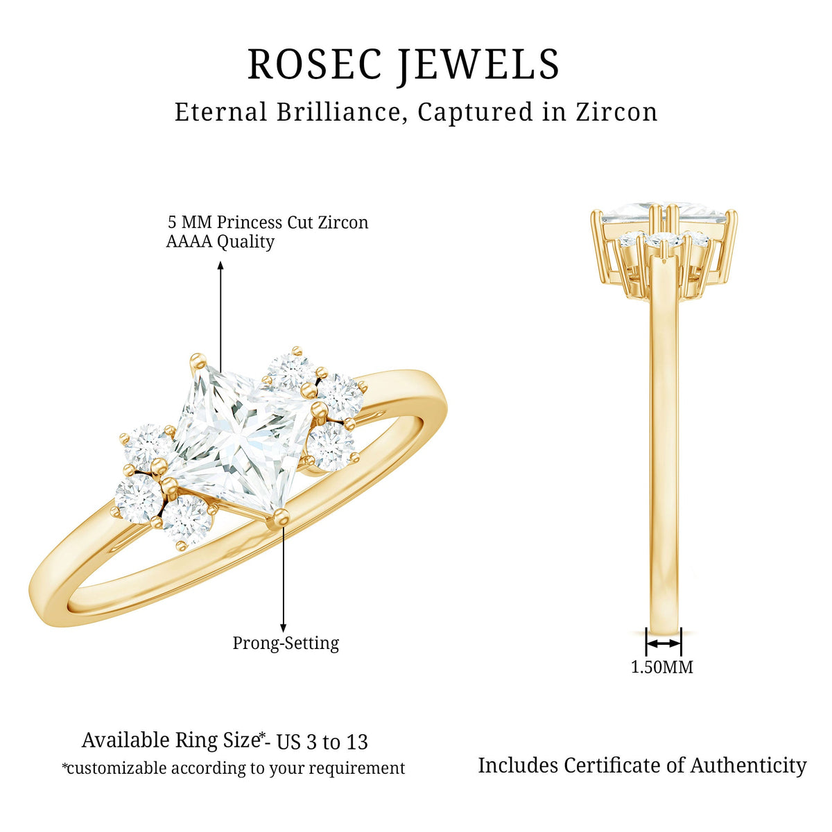 Princess cut cubic zirconia engagement ring in prong setting by Rosec Jewels, showcasing a sparkling 1 carat center stone on a silver band.