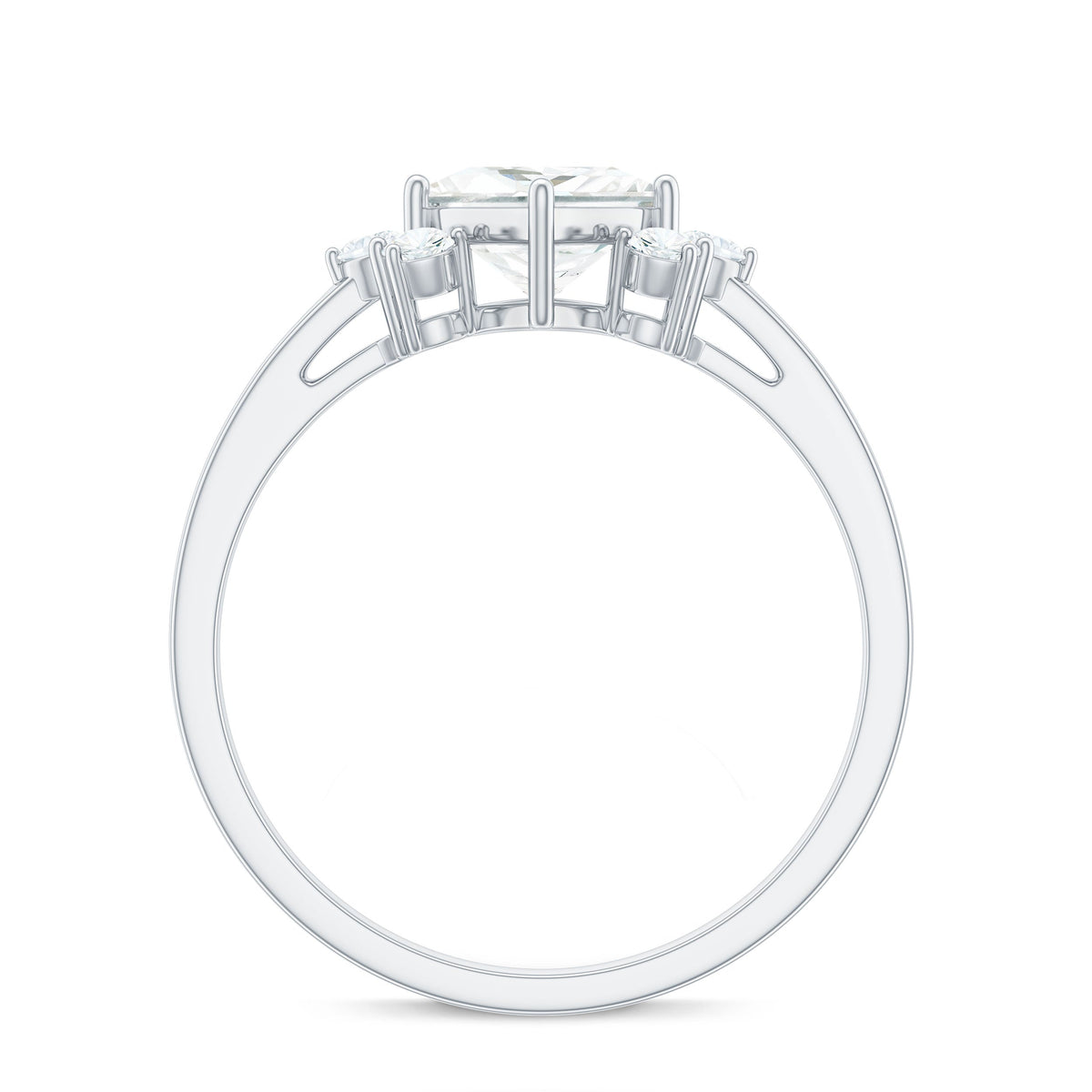 Princess cut moissanite engagement ring with trio of stones by Rosec Jewels, showcasing sparkling center and side stones.