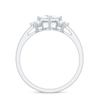 Princess cut moissanite engagement ring with trio of stones by Rosec Jewels, showcasing sparkling center and side stones.