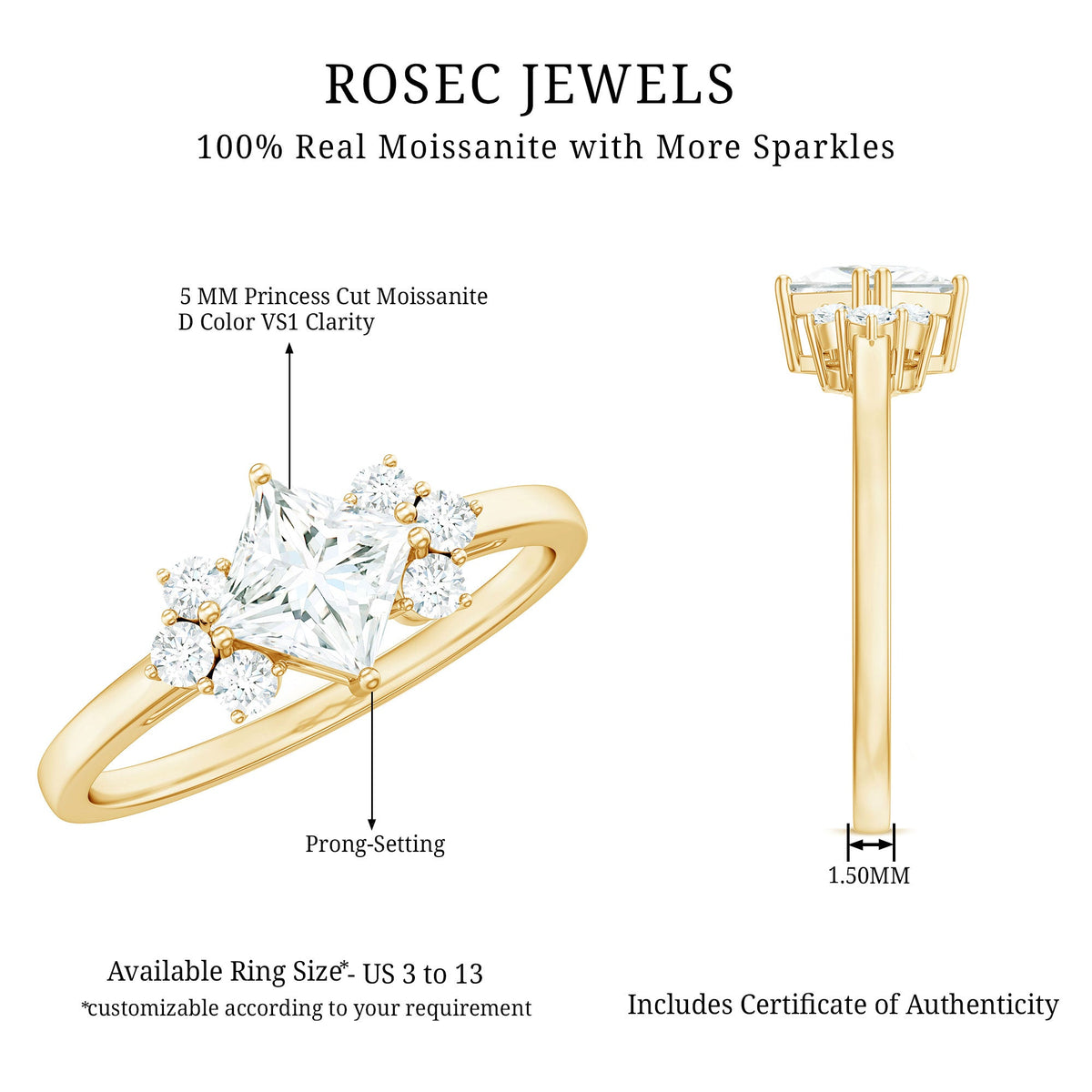 Princess cut moissanite engagement ring with trio of sparkling stones from Rosec Jewels, showcasing a silver band and elegant design.