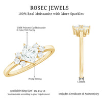 Princess cut moissanite engagement ring with trio of sparkling stones from Rosec Jewels, showcasing a silver band and elegant design.