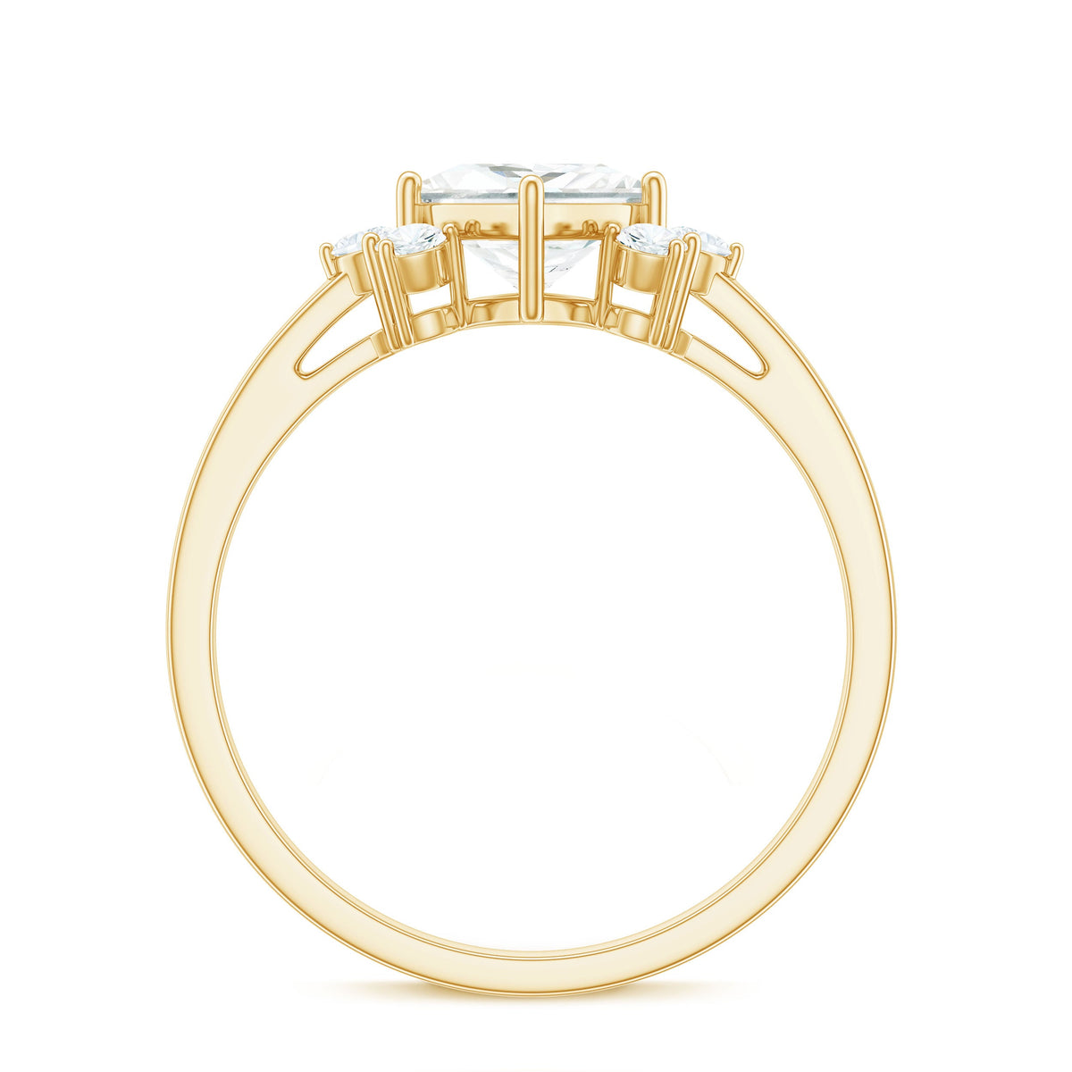 Princess cut moissanite engagement ring with trio of gemstones, featuring a rose gold band from Rosec Jewels.