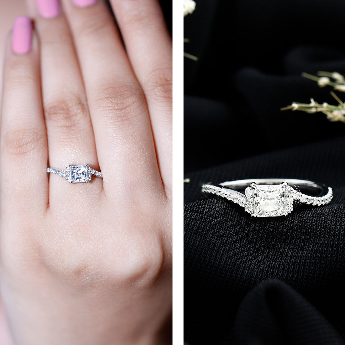 Princess cut moissanite bypass engagement ring for women with rose gold band by Rosec Jewels