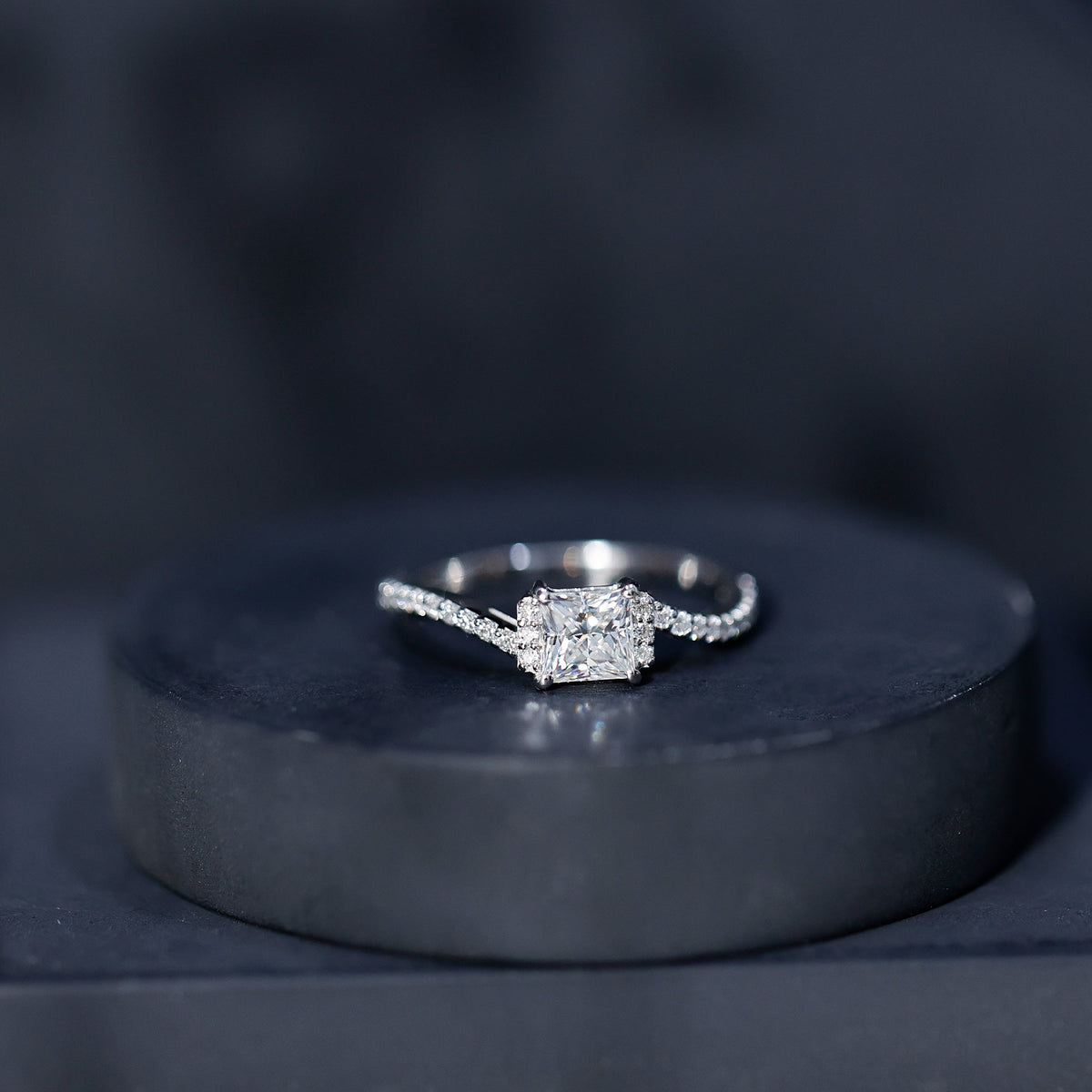 Princess cut moissanite bypass engagement ring for women featuring a sparkling center stone and elegant band from Rosec Jewels.