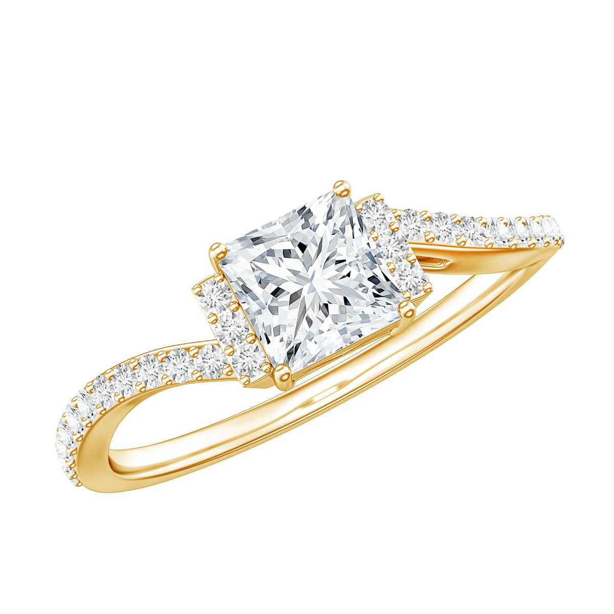 Princess cut moissanite bypass engagement ring for women featuring a sparkling center stone and elegant band from Rosec Jewels.