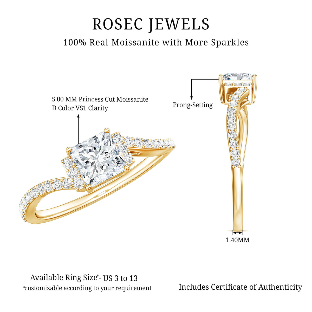 Princess cut moissanite bypass engagement ring for women featuring sparkling stones, crafted by Rosec Jewels.