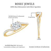 Princess cut moissanite bypass engagement ring for women featuring sparkling stones, crafted by Rosec Jewels.