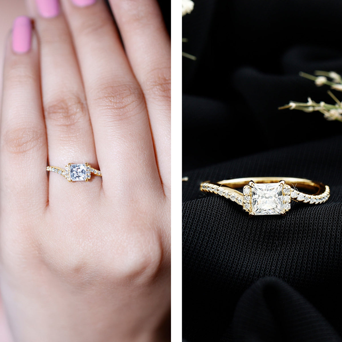 Princess cut moissanite bypass engagement ring for women by Rosec Jewels, featuring sparkling stones and a sleek, elegant design.