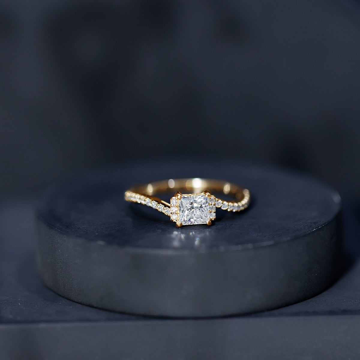 Princess cut moissanite bypass engagement ring for women by Rosec Jewels, featuring a sparkling central stone and elegant bypass band design.