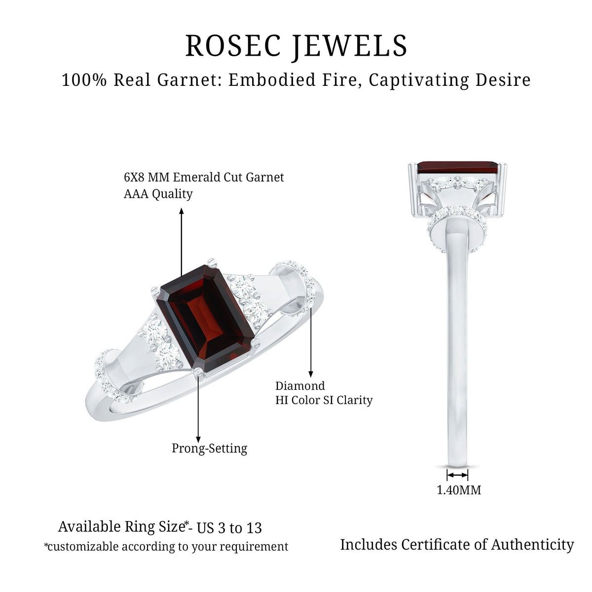 Real 6X8mm Garnet Designer Engagement Ring with Diamond