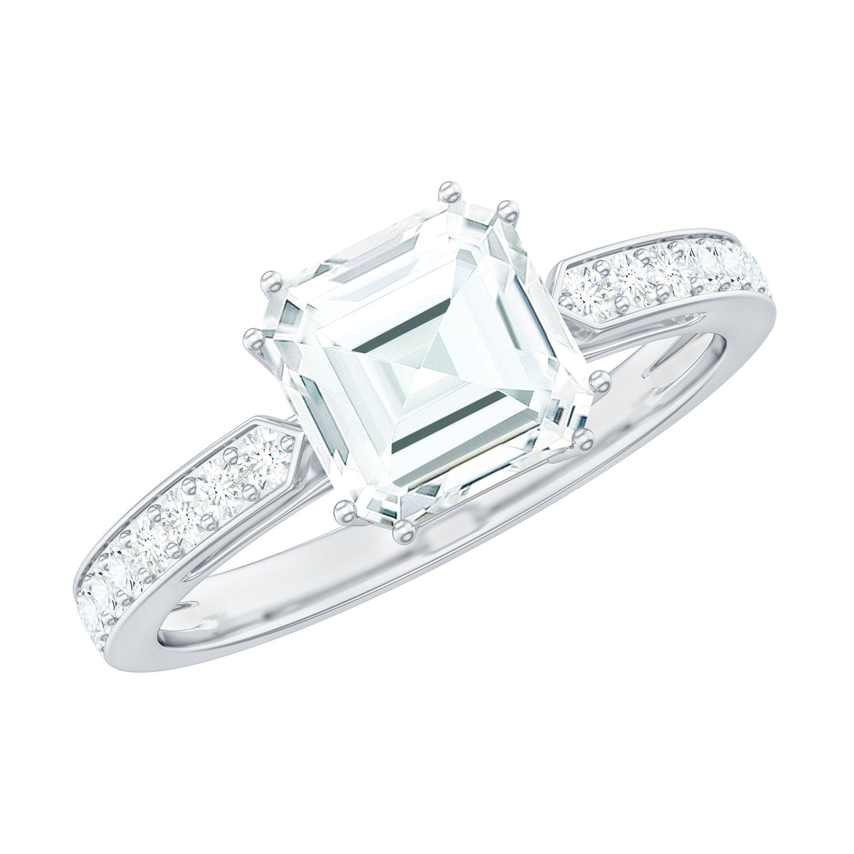 Asscher cut cubic zirconia solitaire engagement ring with a 2-carat center stone, set in a silver band, by Rosec Jewels.