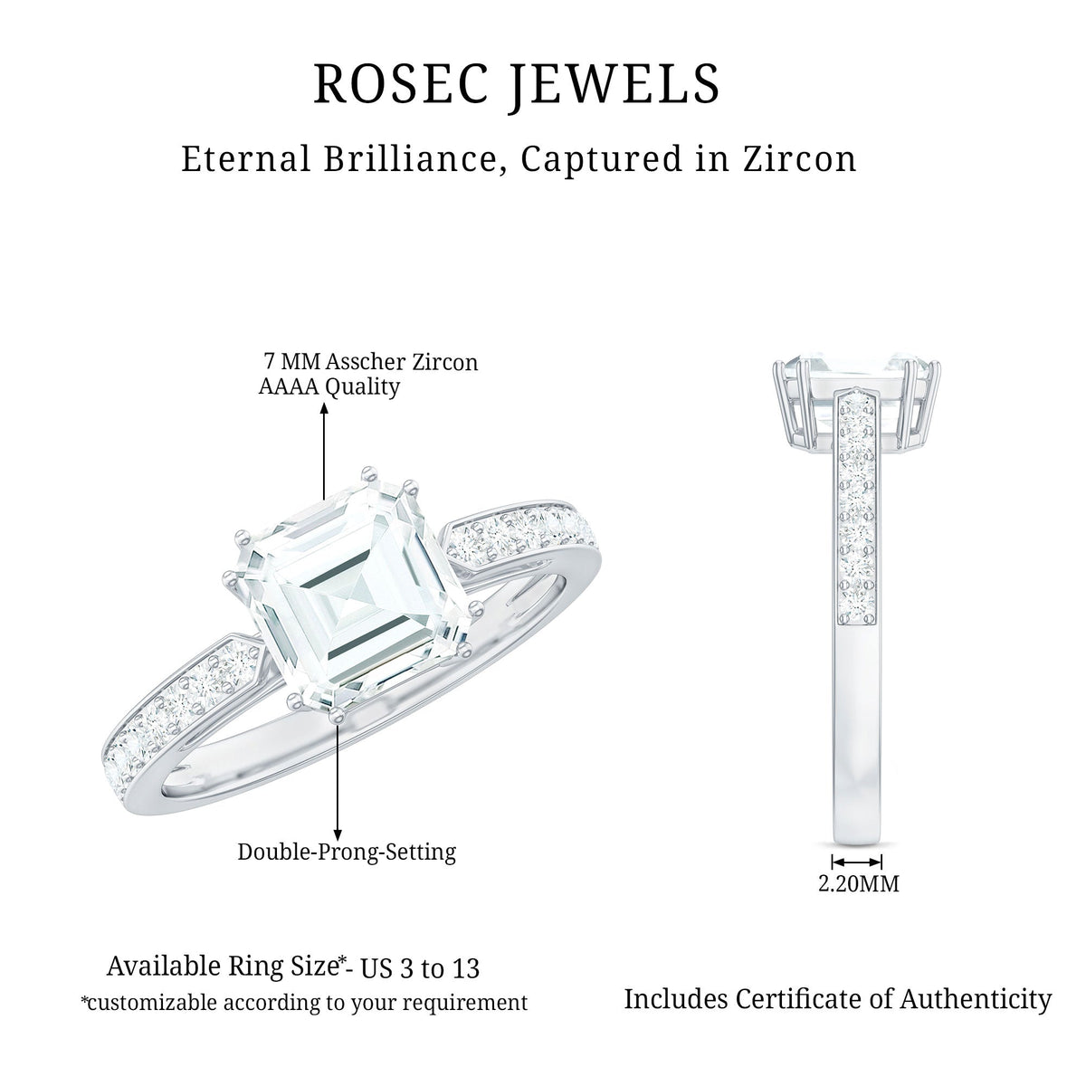Asscher cut cubic zirconia solitaire engagement ring with a 2-carat appearance, featuring a sleek band and Rosec Jewels branding.
