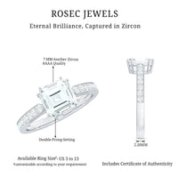 Asscher cut cubic zirconia solitaire engagement ring with a 2-carat appearance, featuring a sleek band and Rosec Jewels branding.