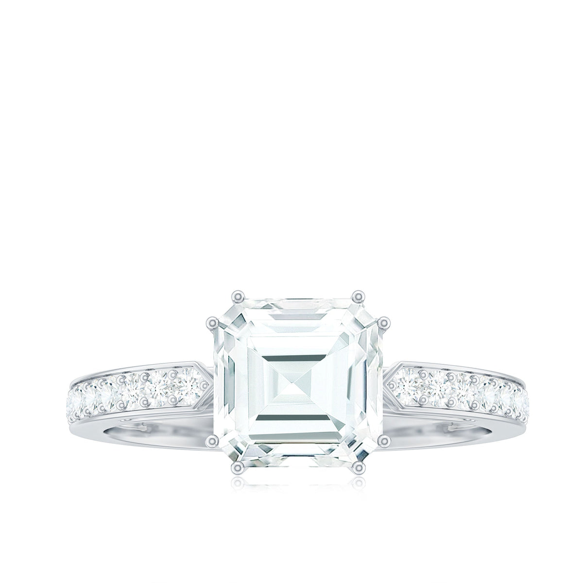 Asscher cut 2 carat CZ diamond solitaire engagement ring by Rosec Jewels featuring a sleek silver band and classic design.