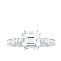 Asscher cut 2 carat CZ diamond solitaire engagement ring by Rosec Jewels featuring a sleek silver band and classic design.