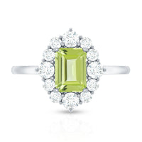 Natural 1.8 Carat Peridot Emerald Cut Engagement Ring with Diamond Halo