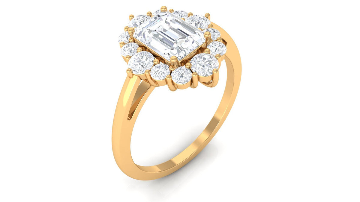 Two and a half carat octagon cut zircon halo engagement ring from Rosec Jewels featuring a sparkling central stone and detailed band.