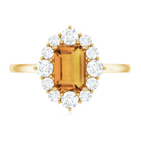 Certified Real 1.8 Carat Citrine Emerald Cut Engagement Ring with Diamond Halo