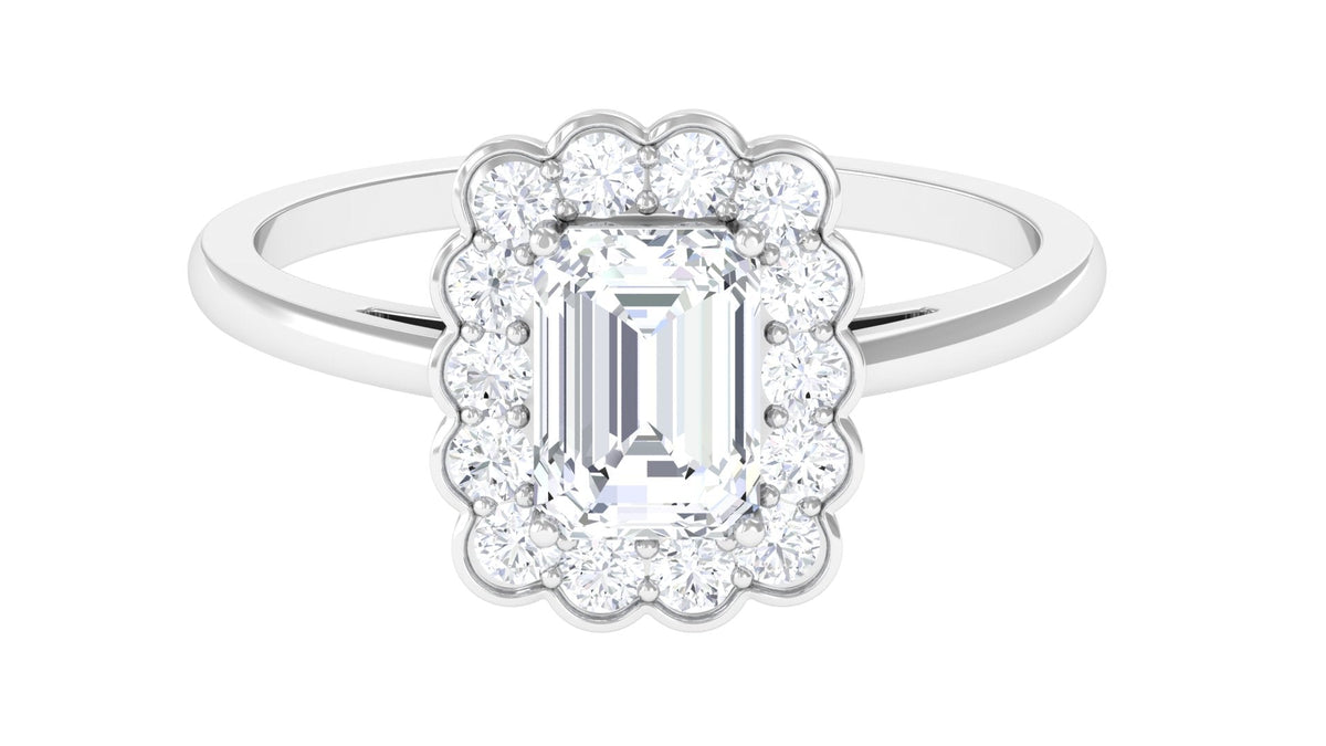 Two and a quarter carat octagon cut zircon engagement ring with halo setting from Rosec Jewels, featuring a sparkling center stone and intricate band.