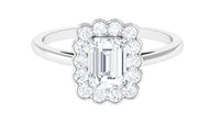 Two and a quarter carat octagon cut zircon engagement ring with halo setting from Rosec Jewels, featuring a sparkling center stone and intricate band.