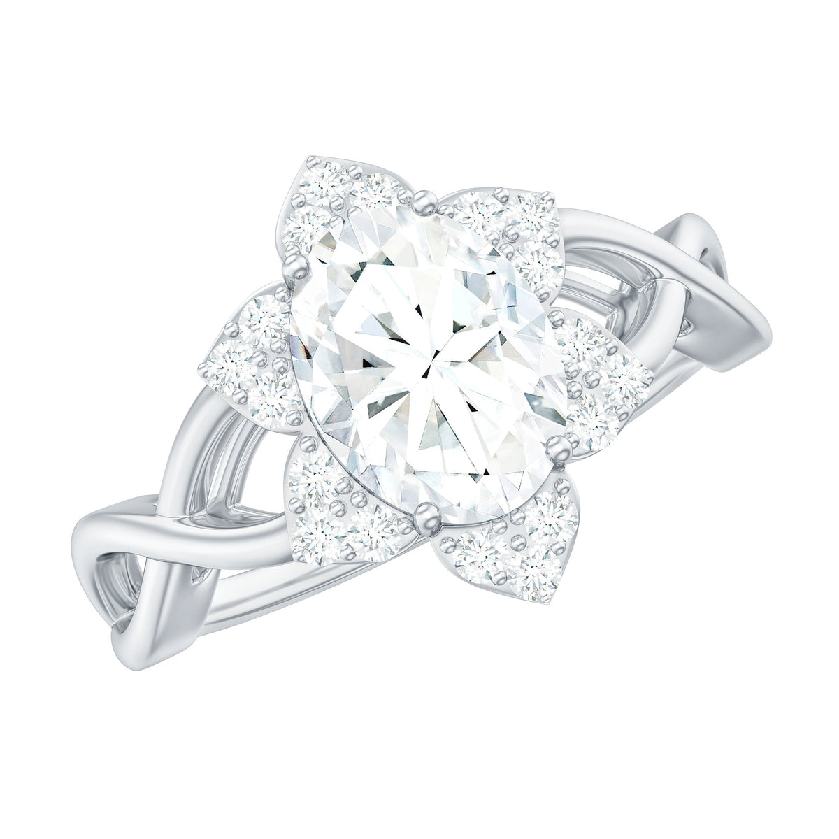 Certified Moissanite flower halo engagement ring with criss cross band from Rosec Jewels, featuring a sparkling floral design.