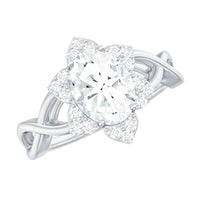 Certified Moissanite flower halo engagement ring with criss cross band from Rosec Jewels, featuring a sparkling floral design.