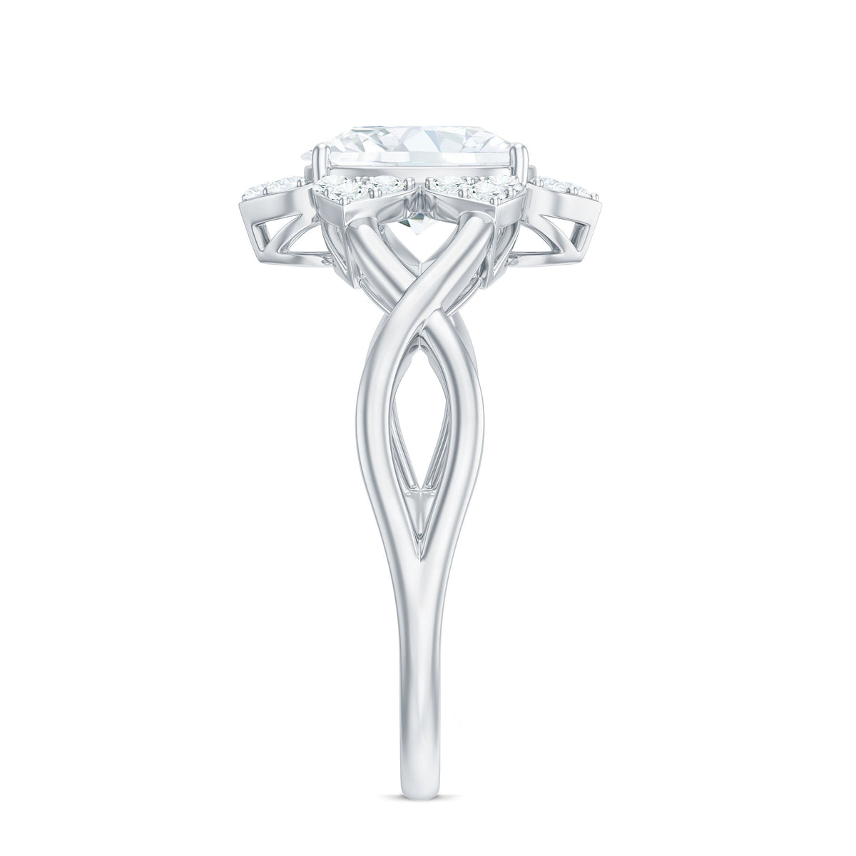 Certified Moissanite flower halo engagement ring with criss-cross band, featuring sparkling gemstones on a silver band.