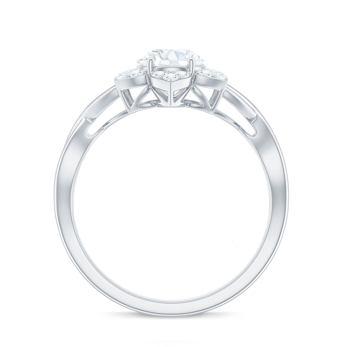 Certified Moissanite flower halo engagement ring with criss-cross band by Rosec Jewels, featuring sparkling center stone and intricate design.