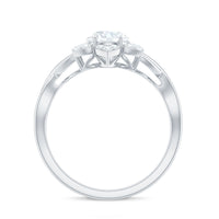 Certified Moissanite flower halo engagement ring with criss-cross band by Rosec Jewels, featuring sparkling center stone and intricate design.