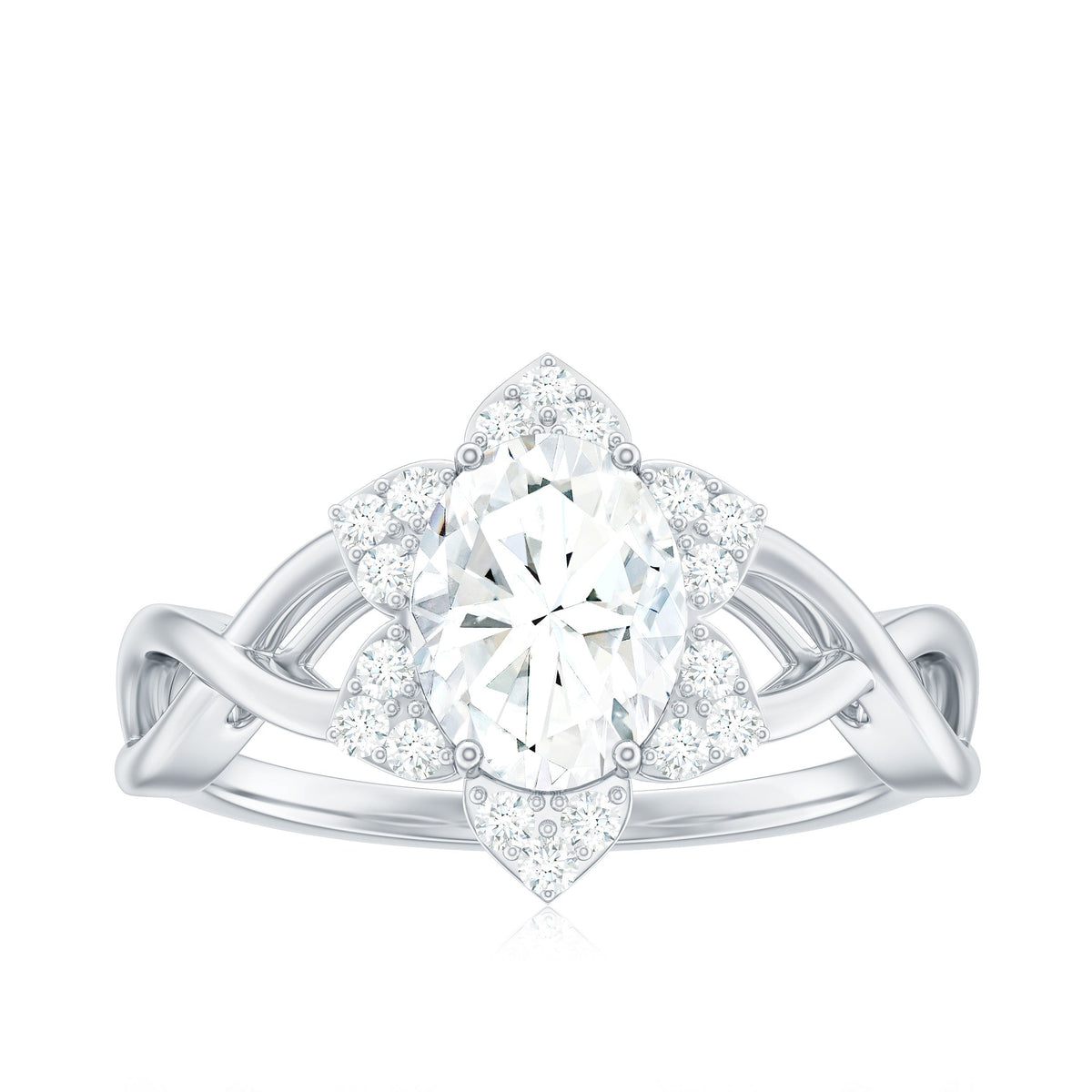 Certified Moissanite flower halo engagement ring with criss-cross band from Rosec Jewels, showcasing sparkling stones and intricate design.