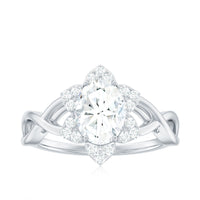 Certified Moissanite flower halo engagement ring with criss-cross band from Rosec Jewels, showcasing sparkling stones and intricate design.