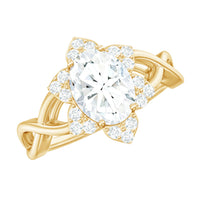 Certified Moissanite flower halo engagement ring with criss-cross band by Rosec Jewels, showcasing intricate floral design and sparkling stones.