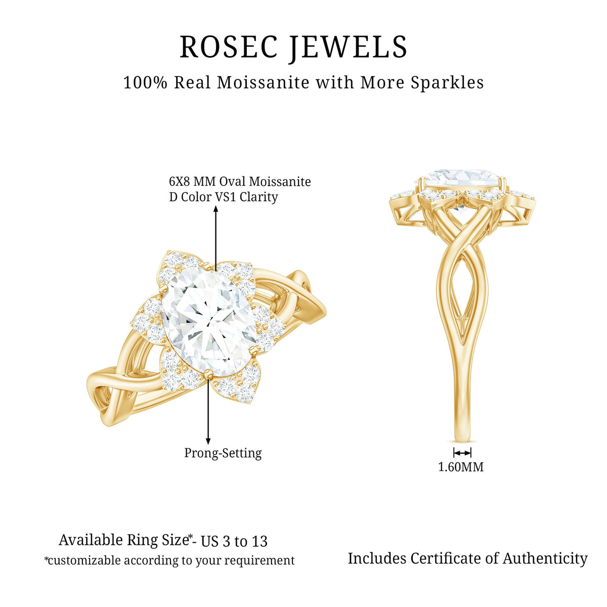 Certified Moissanite flower halo engagement ring with criss-cross band from Rosec Jewels, featuring sparkling moissanite stones and intricate design.