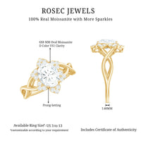 Certified Moissanite flower halo engagement ring with criss-cross band from Rosec Jewels, featuring sparkling moissanite stones and intricate design.