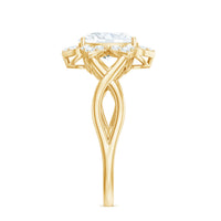 Certified Moissanite flower halo engagement ring with criss-cross band by Rosec Jewels, featuring sparkling center stone and floral design.