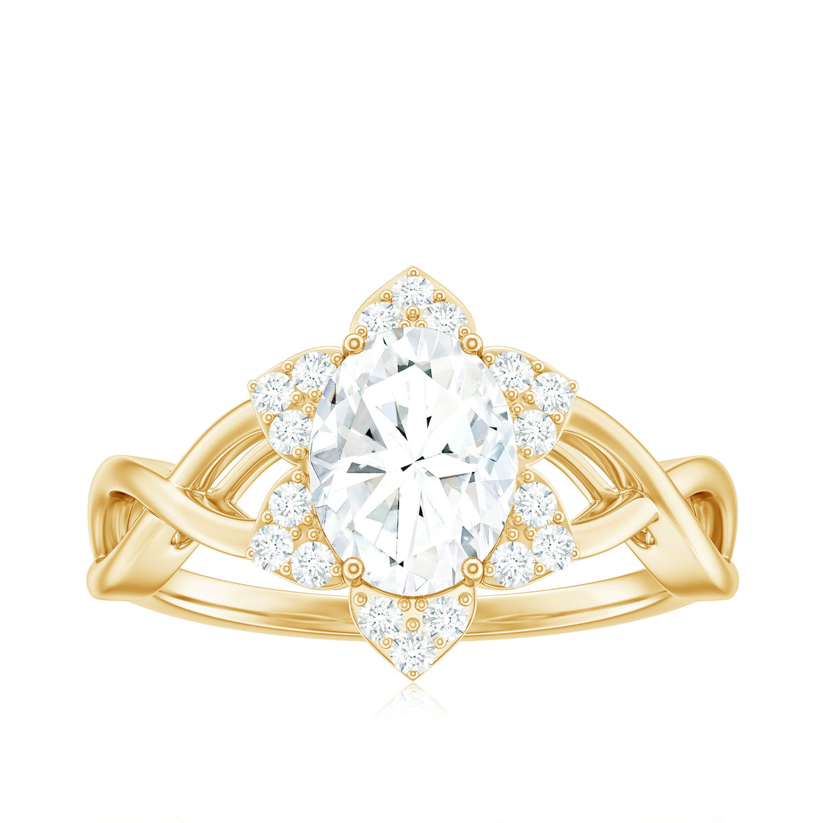Certified moissanite flower halo engagement ring with criss-cross band by Rosec Jewels, featuring intricate floral design and sparkling center stone.