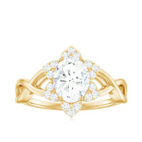 Certified moissanite flower halo engagement ring with criss-cross band by Rosec Jewels, featuring intricate floral design and sparkling center stone.