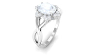Rosec Jewels 3/4 CT oval moonstone and diamond floral halo ring showcasing a sparkling oval moonstone center with intricate floral diamond accents.