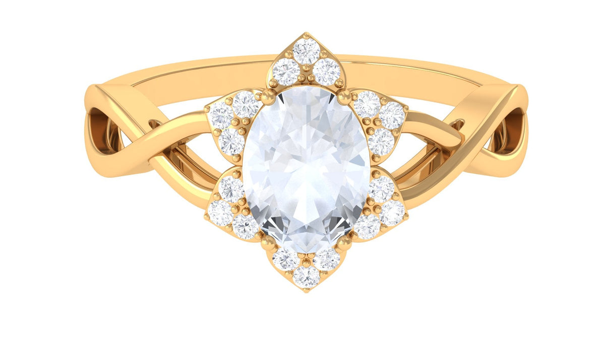 Oval cut moonstone and diamond floral halo ring with 3/4 carat total weight, set in a Rosec Jewels solitaire ring design.