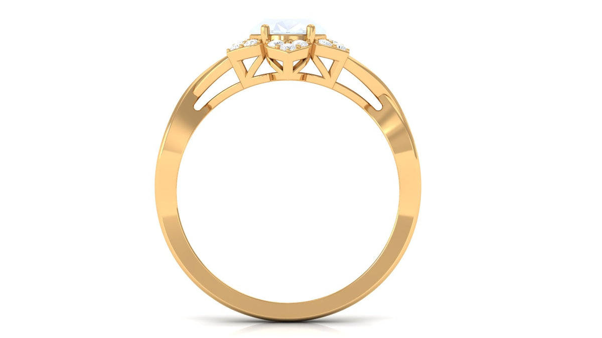 Oval cut moonstone and diamond floral halo ring by Rosec Jewels featuring a 3/4 carat solitaire setting in a detailed ring design.