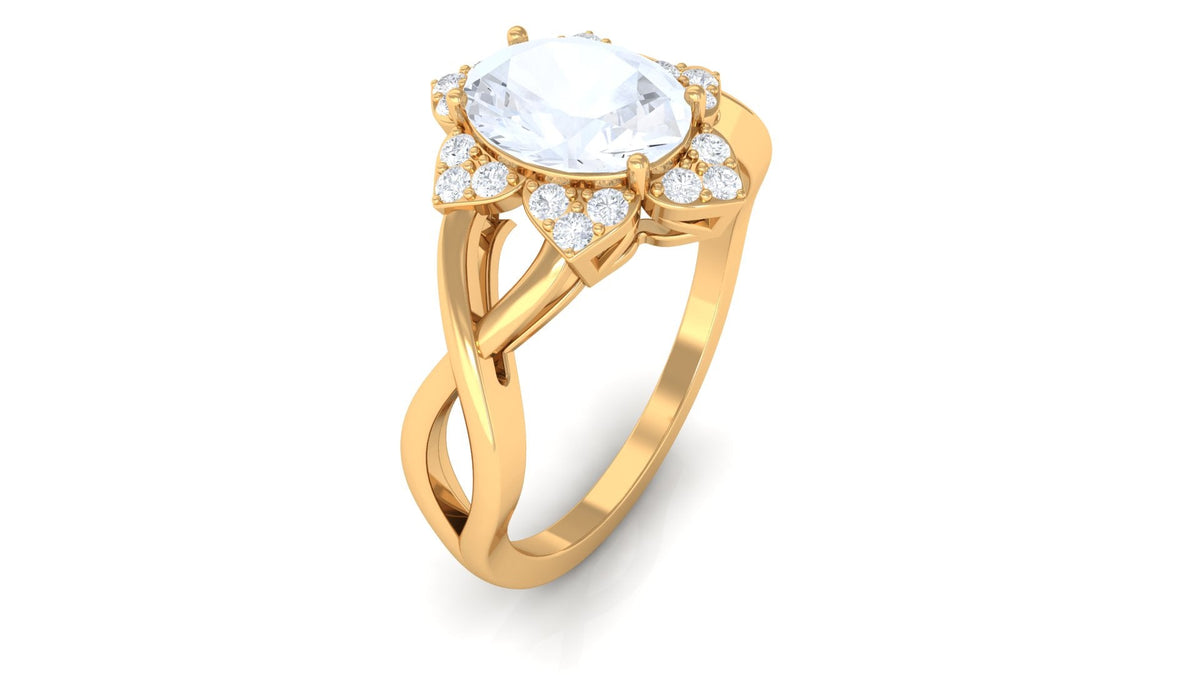 Oval cut moonstone and diamond floral halo ring with 3/4 carat total weight, set in a Rosec Jewels solitaire ring.